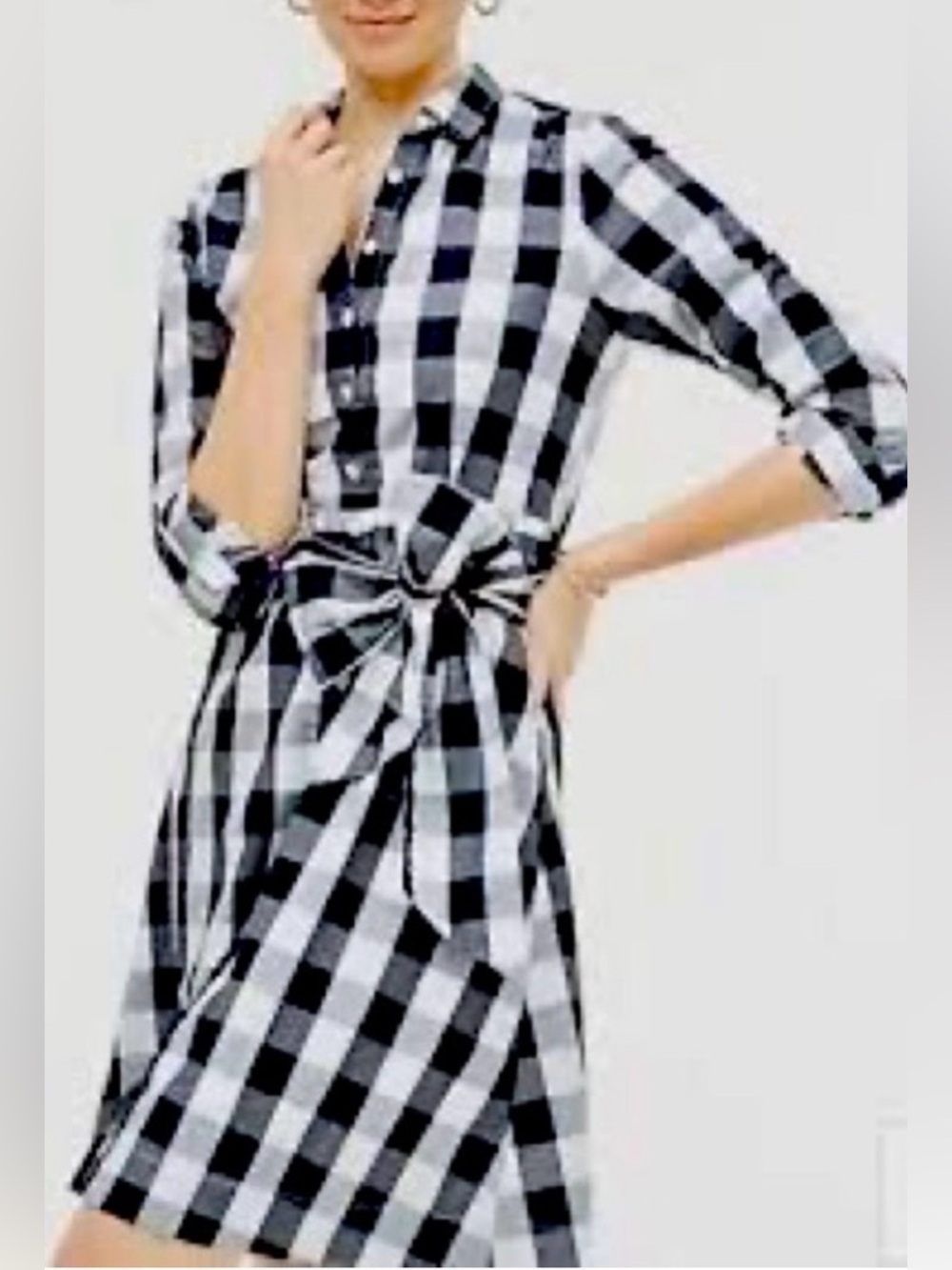 Who What Wear Black & White Gingham Print Cotton Wrap Button Up Dress